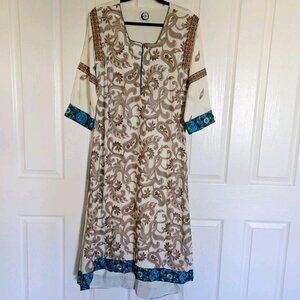 Embroidered Ivory Brown Top Shirt Long Kurti Viscose Size Medium